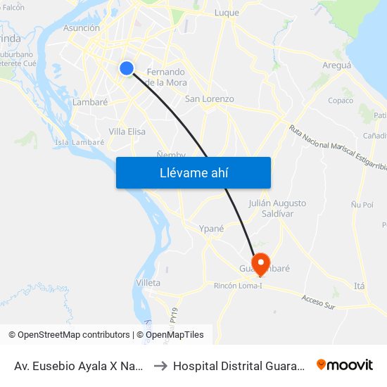 Av. Eusebio Ayala X Nazareth to Hospital Distrital Guarambare map