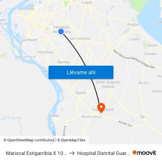 Mariscal Estigarribia X 10 De Julio to Hospital Distrital Guarambare map