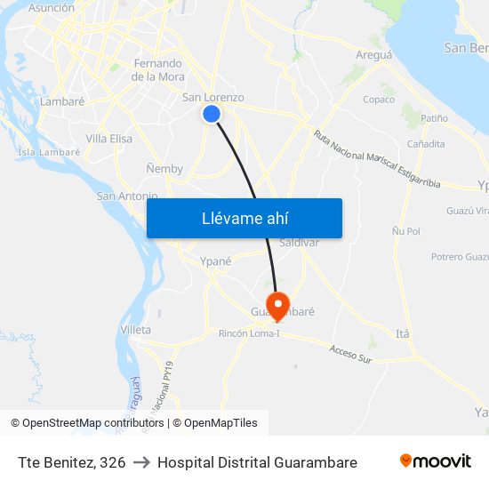 Tte Benitez, 326 to Hospital Distrital Guarambare map