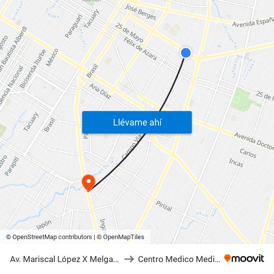 Av. Mariscal López X Melgarejo to Centro Medico Medicis map