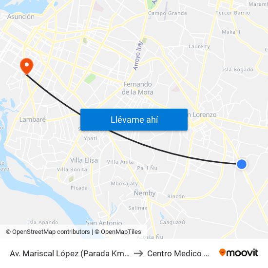 Av. Mariscal López (Parada Km. 17 (1/2)) to Centro Medico Medicis map