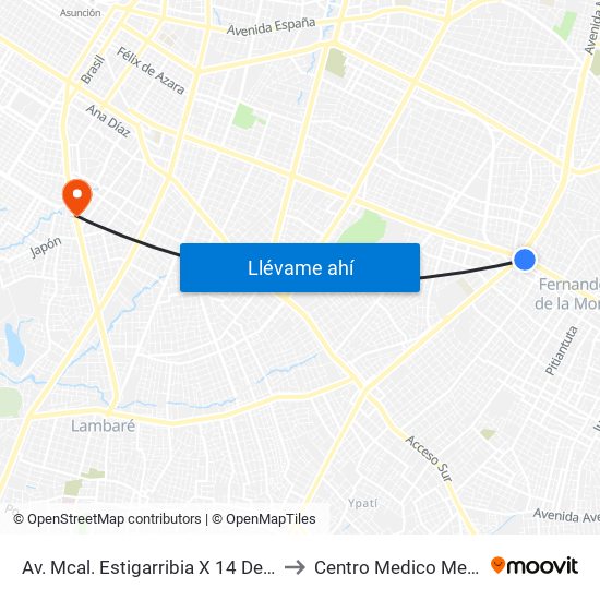 Av. Mcal. Estigarribia X 14 De Mayo to Centro Medico Medicis map