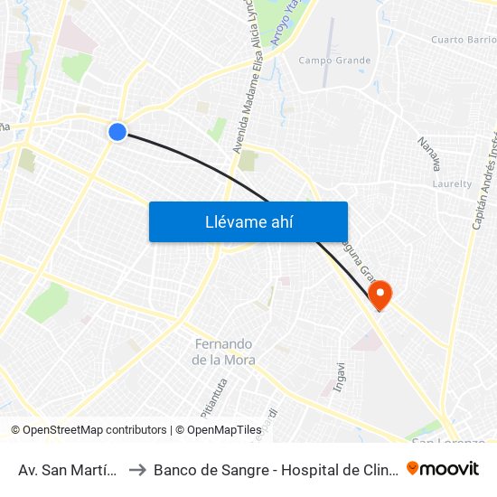 Av. San Martín X Austria to Banco de Sangre - Hospital de Clinicas UNA San Lorenzo map