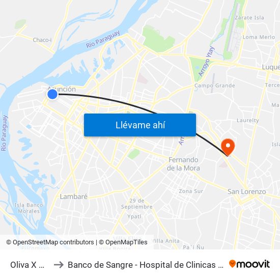 Oliva X Ayolas to Banco de Sangre - Hospital de Clinicas UNA San Lorenzo map