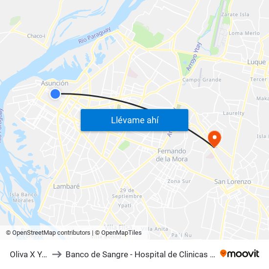 Oliva X Yegros to Banco de Sangre - Hospital de Clinicas UNA San Lorenzo map