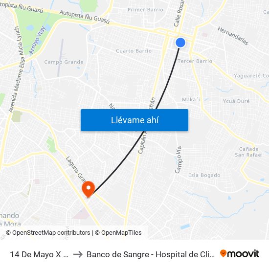14 De Mayo X Balderrama to Banco de Sangre - Hospital de Clinicas UNA San Lorenzo map