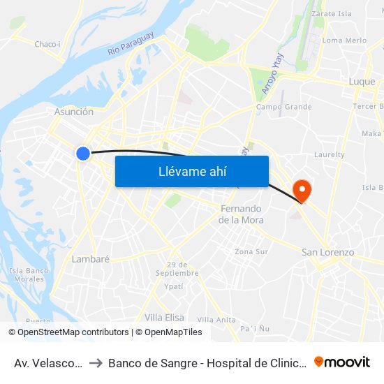 Av. Velasco X Brasil to Banco de Sangre - Hospital de Clinicas UNA San Lorenzo map