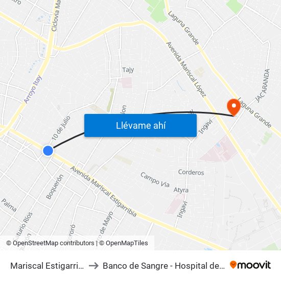 Mariscal Estigarribia X 10 De Julio to Banco de Sangre - Hospital de Clinicas UNA San Lorenzo map