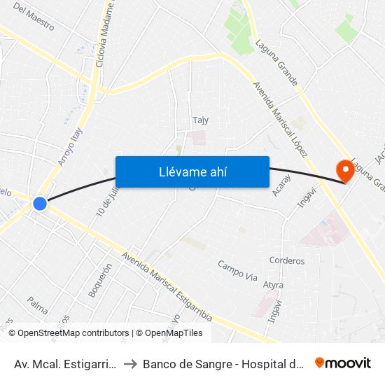 Av. Mcal. Estigarribia X 14 De Mayo to Banco de Sangre - Hospital de Clinicas UNA San Lorenzo map