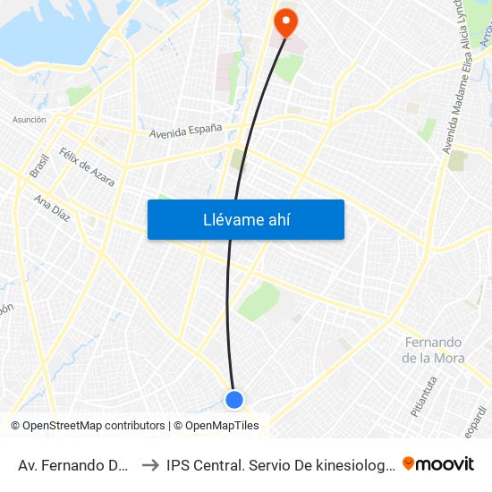 Av. Fernando De La Mora X De La Victoria to IPS Central. Servio De kinesiologia Y Rehabilitacion (Especialista En Rodilla G-04) map