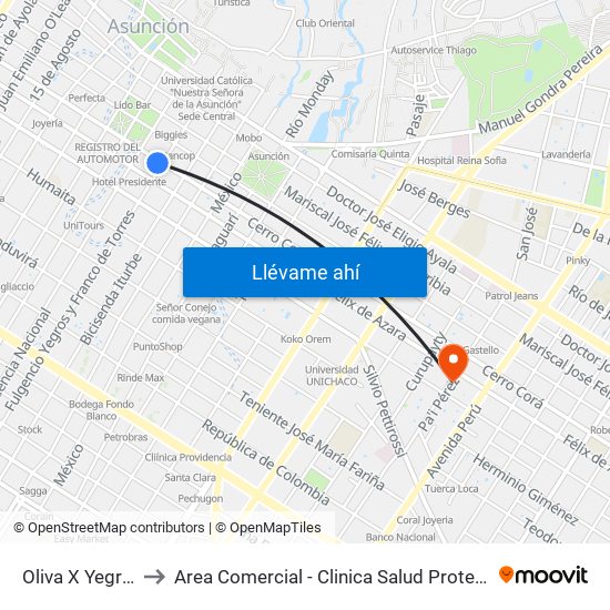 Oliva X Yegros to Area Comercial - Clinica Salud Protegida map