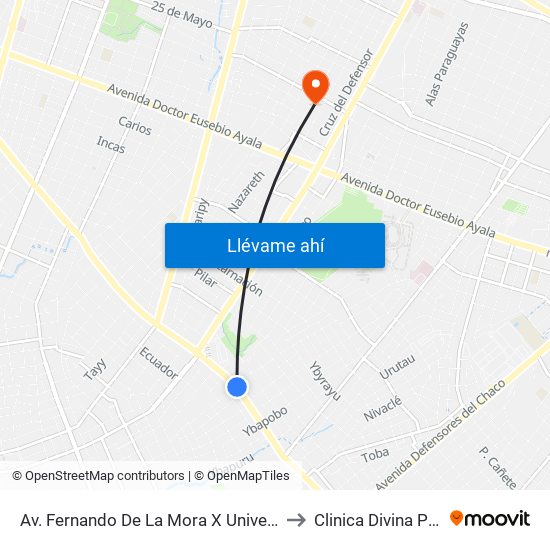 Av. Fernando De La Mora X Universitarios Del Chaco to Clinica Divina Providencia map