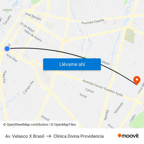 Av. Velasco X Brasil to Clinica Divina Providencia map