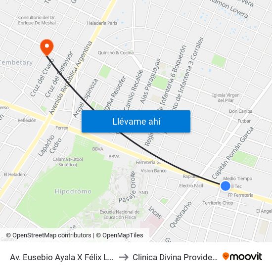 Av. Eusebio Ayala X Félix Lopéz to Clinica Divina Providencia map