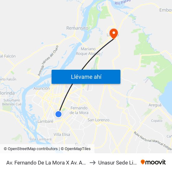 Av. Fernando De La Mora X Av. Argentina to Unasur Sede Limpio map