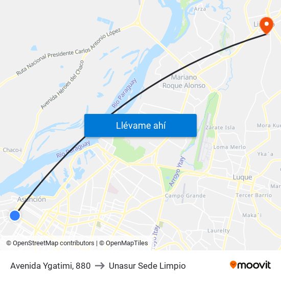 Avenida Ygatimi, 880 to Unasur Sede Limpio map