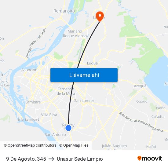 9 De Agosto, 345 to Unasur Sede Limpio map