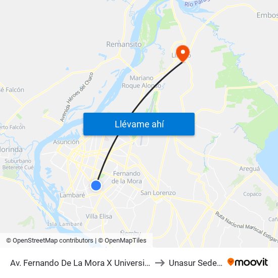 Av. Fernando De La Mora X Universitarios Del Chaco to Unasur Sede Limpio map