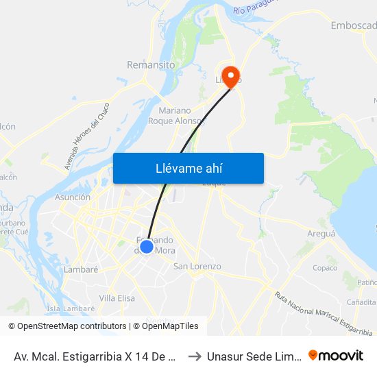 Av. Mcal. Estigarribia X 14 De Mayo to Unasur Sede Limpio map