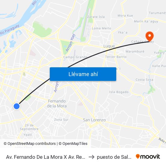 Av. Fernando De La Mora X Av. República Argentina to puesto de Salud Jukyry map