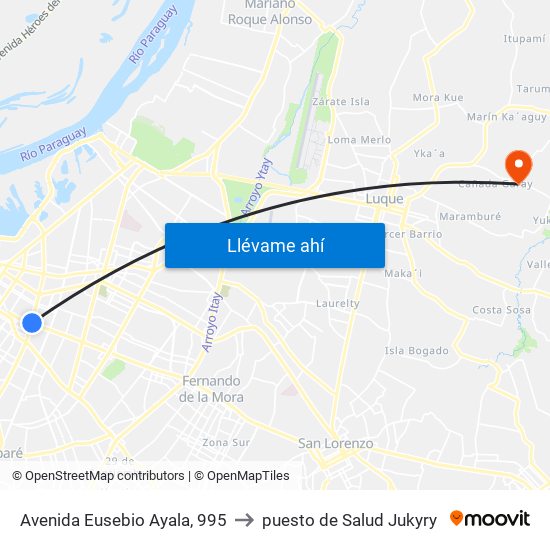 Avenida Eusebio Ayala, 995 to puesto de Salud Jukyry map