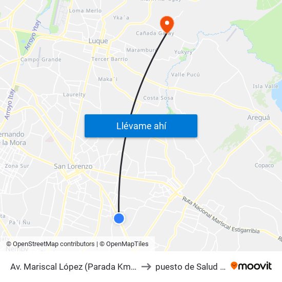 Av. Mariscal López (Parada Km. 17 (1/2)) to puesto de Salud Jukyry map