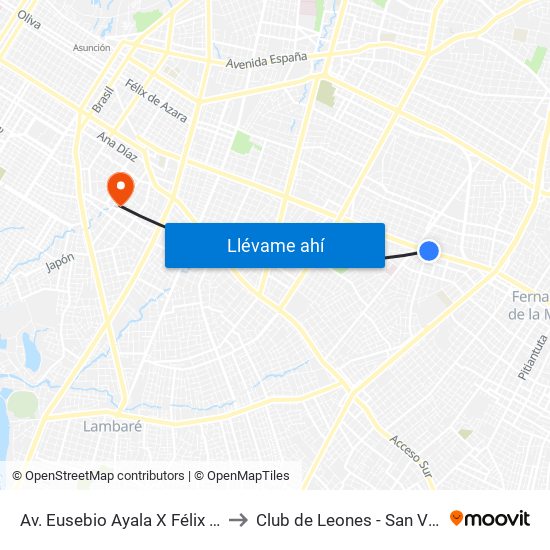Av. Eusebio Ayala X Félix Lopéz to Club de Leones - San Vicente map