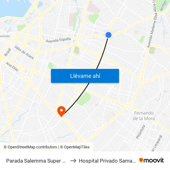 Parada Salemma Super Center to Hospital Privado Samaritano map