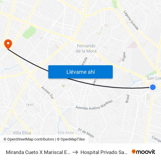 Miranda Cueto X Mariscal Estigarribia to Hospital Privado Samaritano map