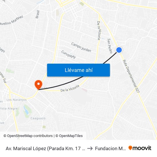 Av. Mariscal López (Parada Km. 17 (1/2)) to Fundacion Mita'i map