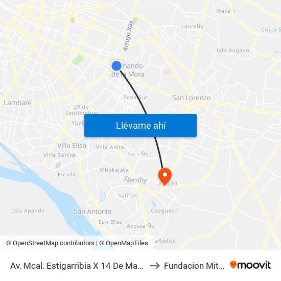 Av. Mcal. Estigarribia X 14 De Mayo to Fundacion Mita'i map