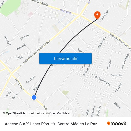 Acceso Sur X Usher Ríos to Centro Médico  La Paz map