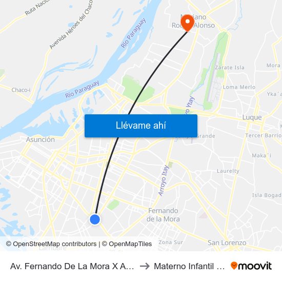 Av. Fernando De La Mora X Av. República Argentina to Materno Infantil Roque Alonso map