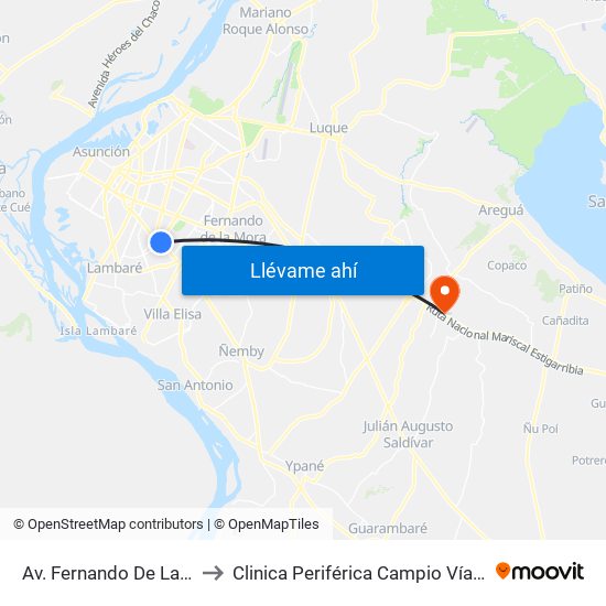 Av. Fernando De La Mora X Av. Argentina to Clinica Periférica Campio Vía Capiatá- Bloque C Fisioterapia map