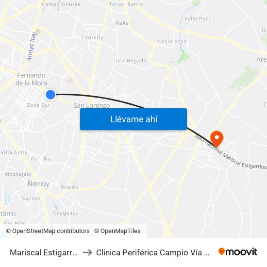 Mariscal Estigarribia X Atilio Galfre to Clinica Periférica Campio Vía Capiatá- Bloque C Fisioterapia map