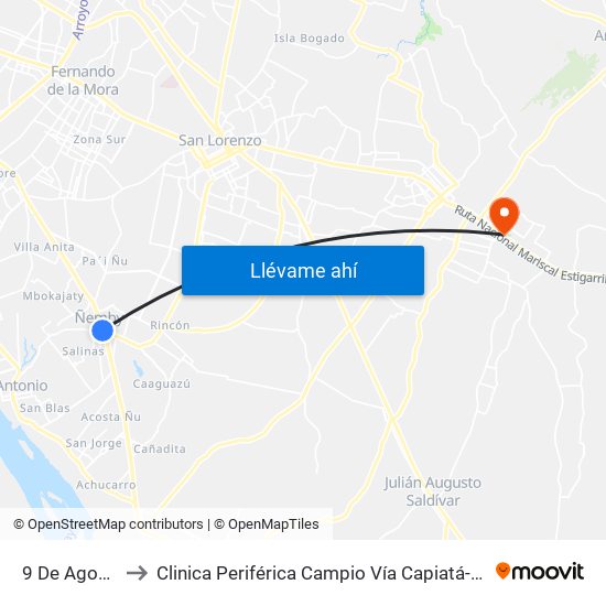 9 De Agosto, 345 to Clinica Periférica Campio Vía Capiatá- Bloque C Fisioterapia map