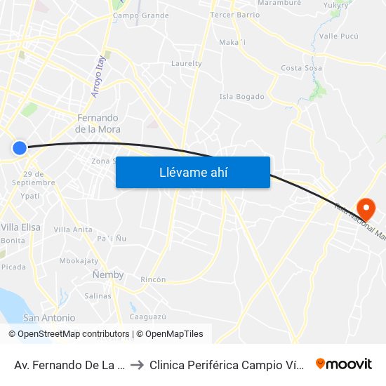 Av. Fernando De La Mora X De La Victoria to Clinica Periférica Campio Vía Capiatá- Bloque C Fisioterapia map