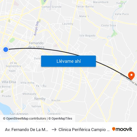 Av. Fernando De La Mora X Universitarios Del Chaco to Clinica Periférica Campio Vía Capiatá- Bloque C Fisioterapia map