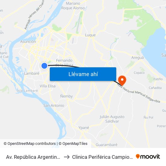 Av. República Argentina Y Av. Dr. Fernando De La Mora to Clinica Periférica Campio Vía Capiatá- Bloque C Fisioterapia map