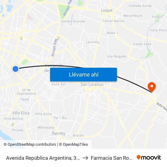 Avenida República Argentina, 3016 to Farmacia San Roque map