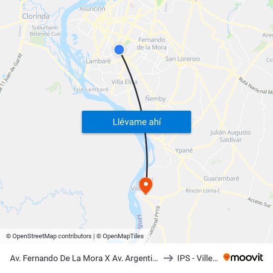 Av. Fernando De La Mora X Av. Argentina to IPS - Villeta map