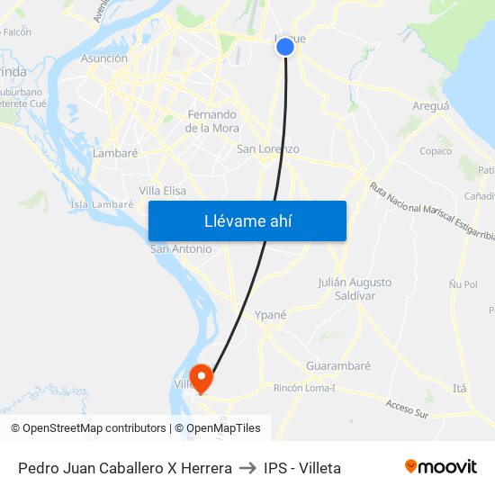 Pedro Juan Caballero X Herrera to IPS - Villeta map