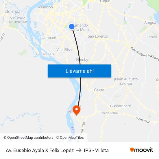 Av. Eusebio Ayala X Félix Lopéz to IPS - Villeta map