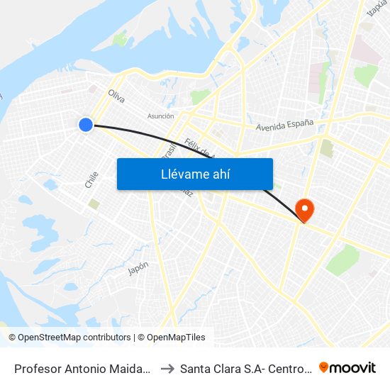 Profesor Antonio Maidana Campos, 1045 to Santa Clara S.A- Centro Médico Privado map