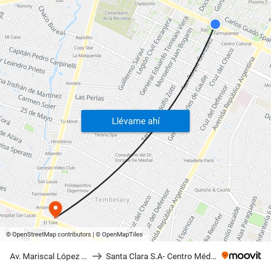 Av. Mariscal López X Bulnes to Santa Clara S.A- Centro Médico Privado map