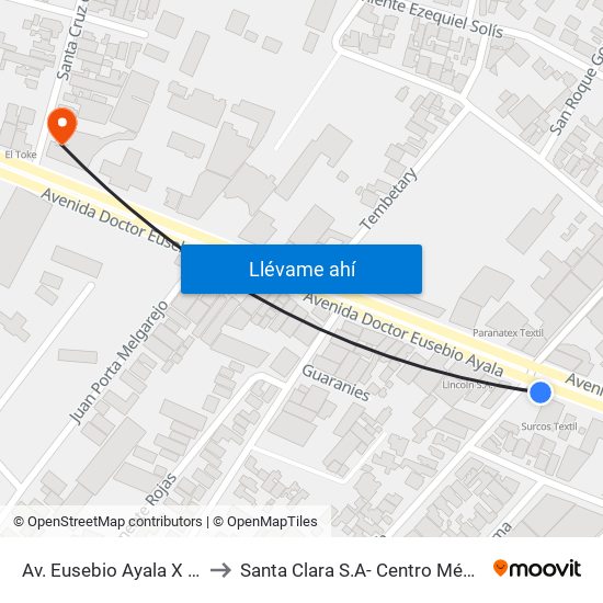 Av. Eusebio Ayala X Nazareth to Santa Clara S.A- Centro Médico Privado map