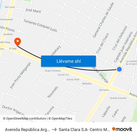 Avenida República Argentina, 1864 to Santa Clara S.A- Centro Médico Privado map