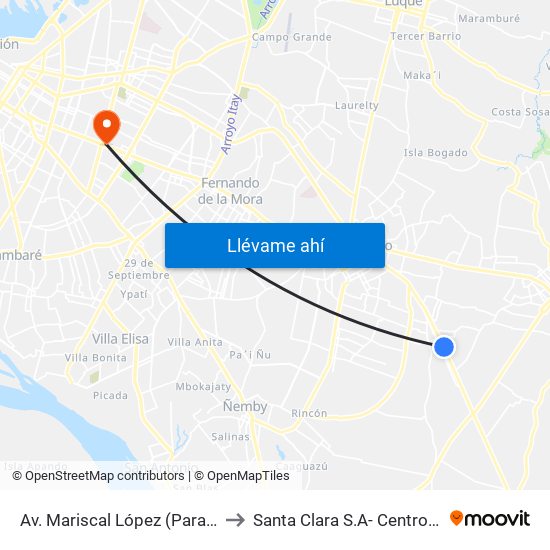 Av. Mariscal López (Parada Km. 17 (1/2)) to Santa Clara S.A- Centro Médico Privado map