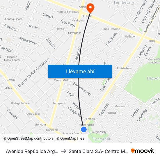 Avenida República Argentina, 3016 to Santa Clara S.A- Centro Médico Privado map