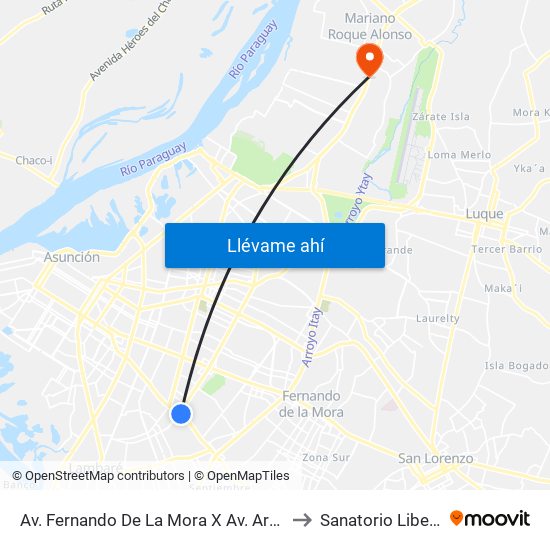 Av. Fernando De La Mora X Av. Argentina to Sanatorio Libertad map